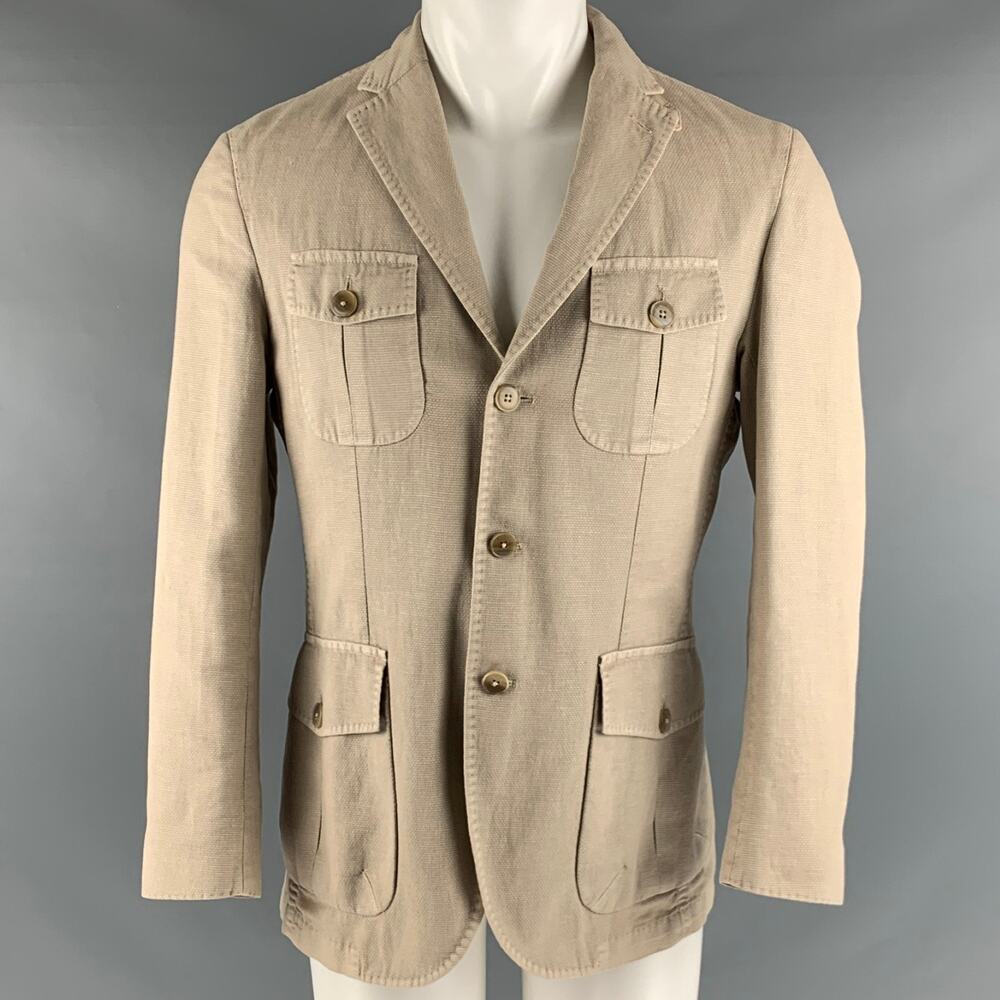 COUTURE Chest Size 38 Beige Textured Cotton Linen Single Breasted Sport Coat
